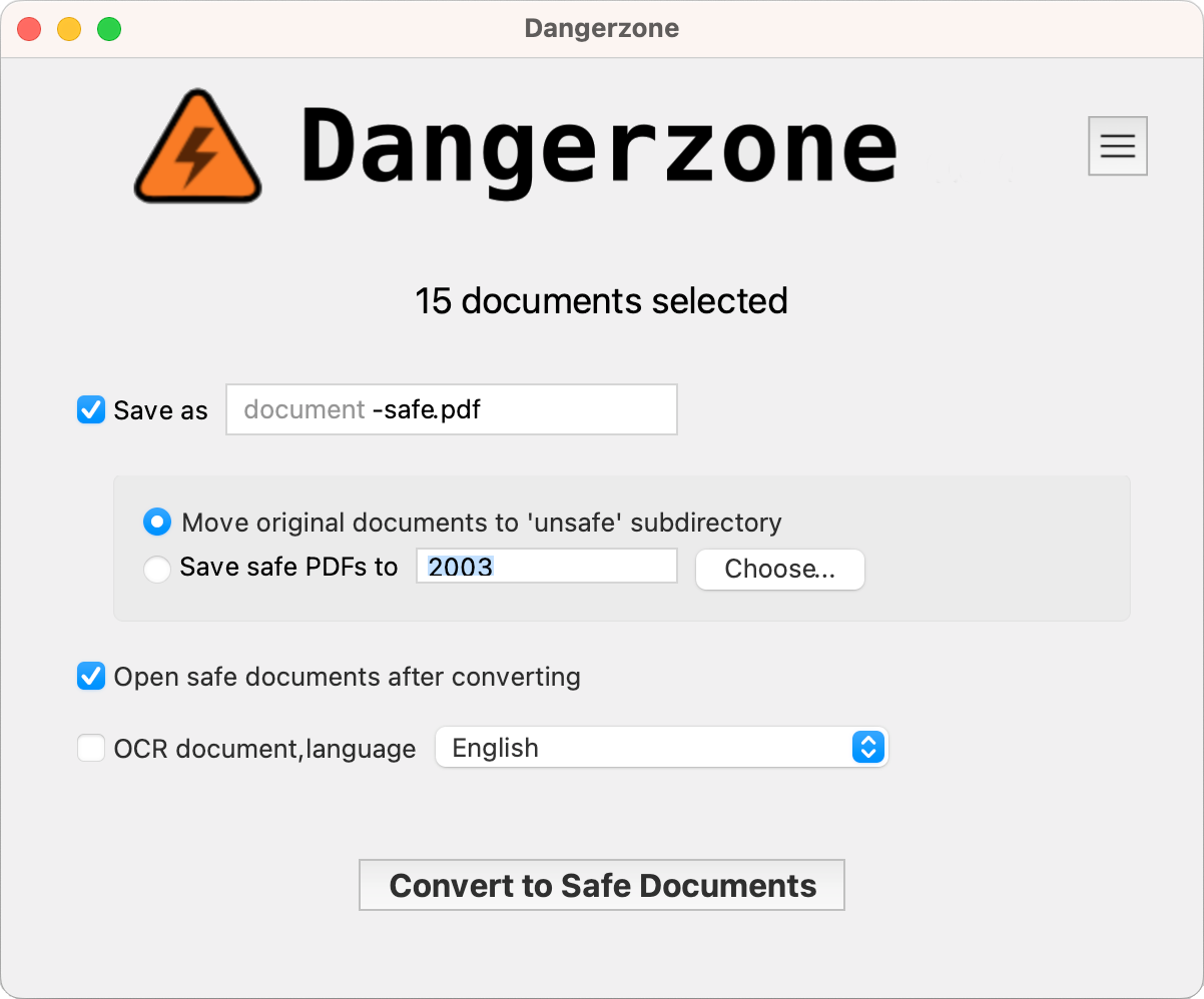 Selecting documents and choosing settings